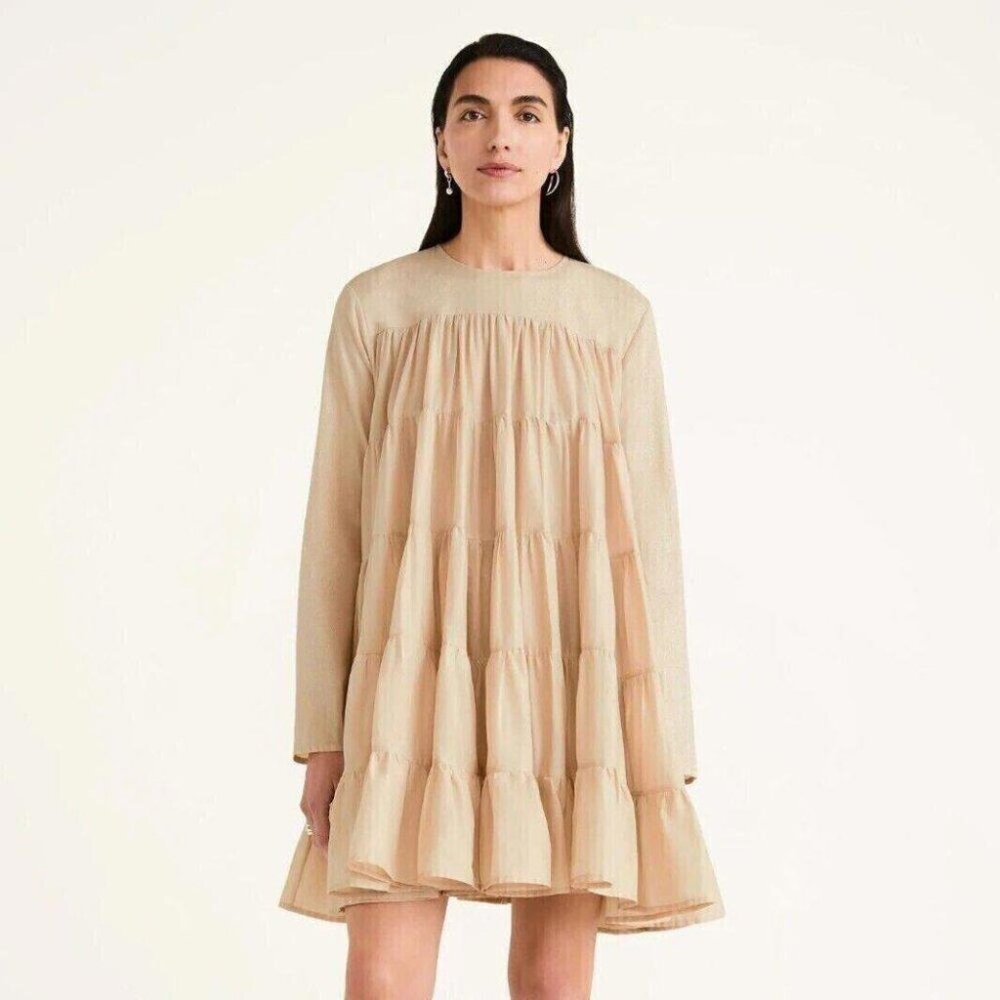 Merlette Soliman Mini Dress Beige Tiered Trapeze Resort Light Beige XS